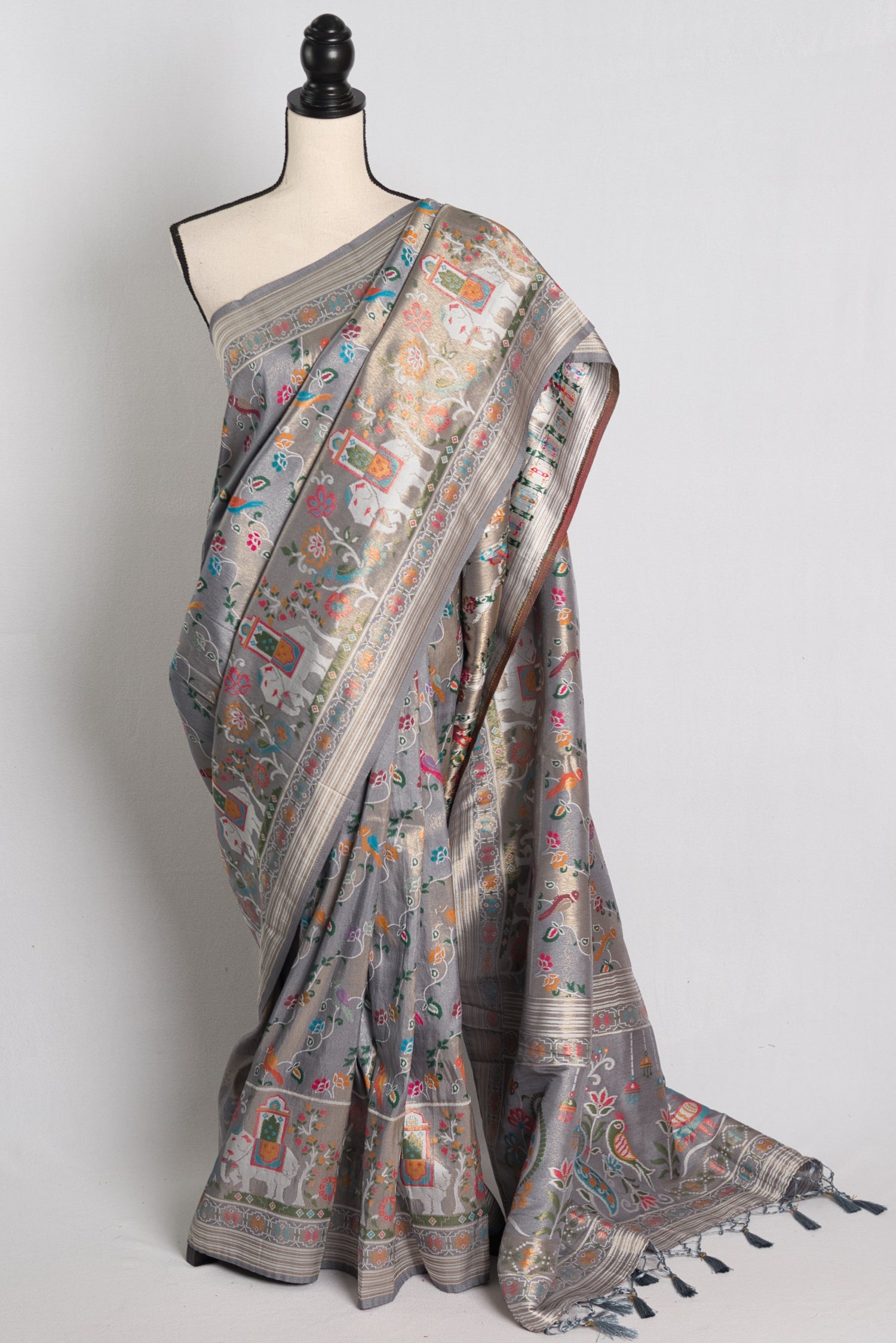 Blended Silk Banarasi Saree in Grey with 42 Size Blouse.