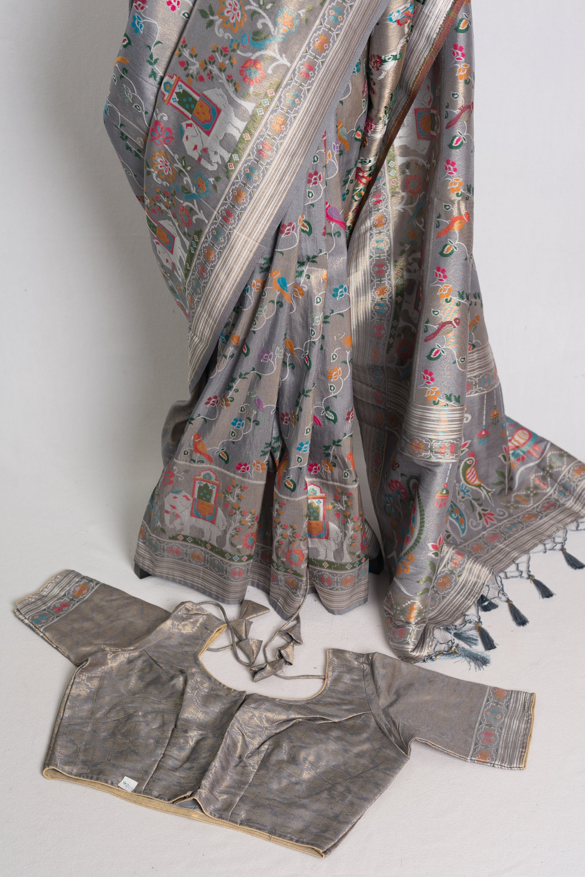 Blended Silk Banarasi Saree in Grey with 42 Size Blouse.