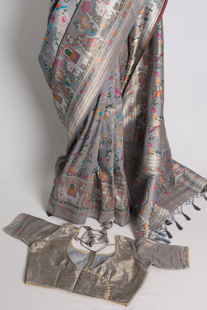 Blended Silk Banarasi Saree in Grey with 42 Size Blouse.