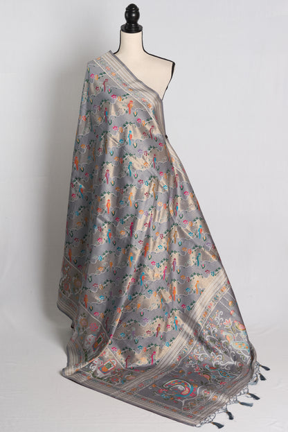 Blended Silk Banarasi Saree in Grey with 42 Size Blouse