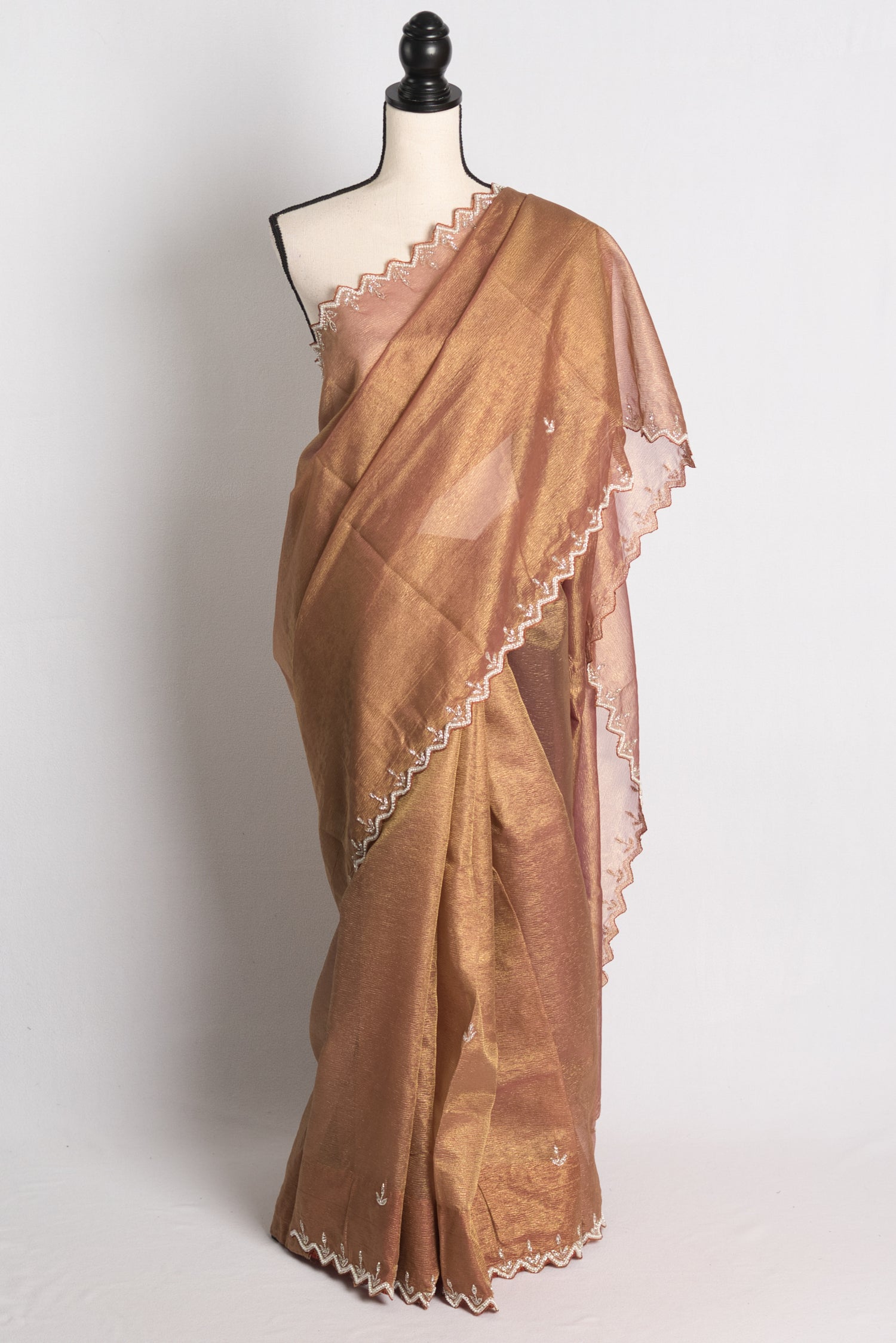 Hand Embroidery Designer Tissue Saree in Brown with 36 Size Blouse.