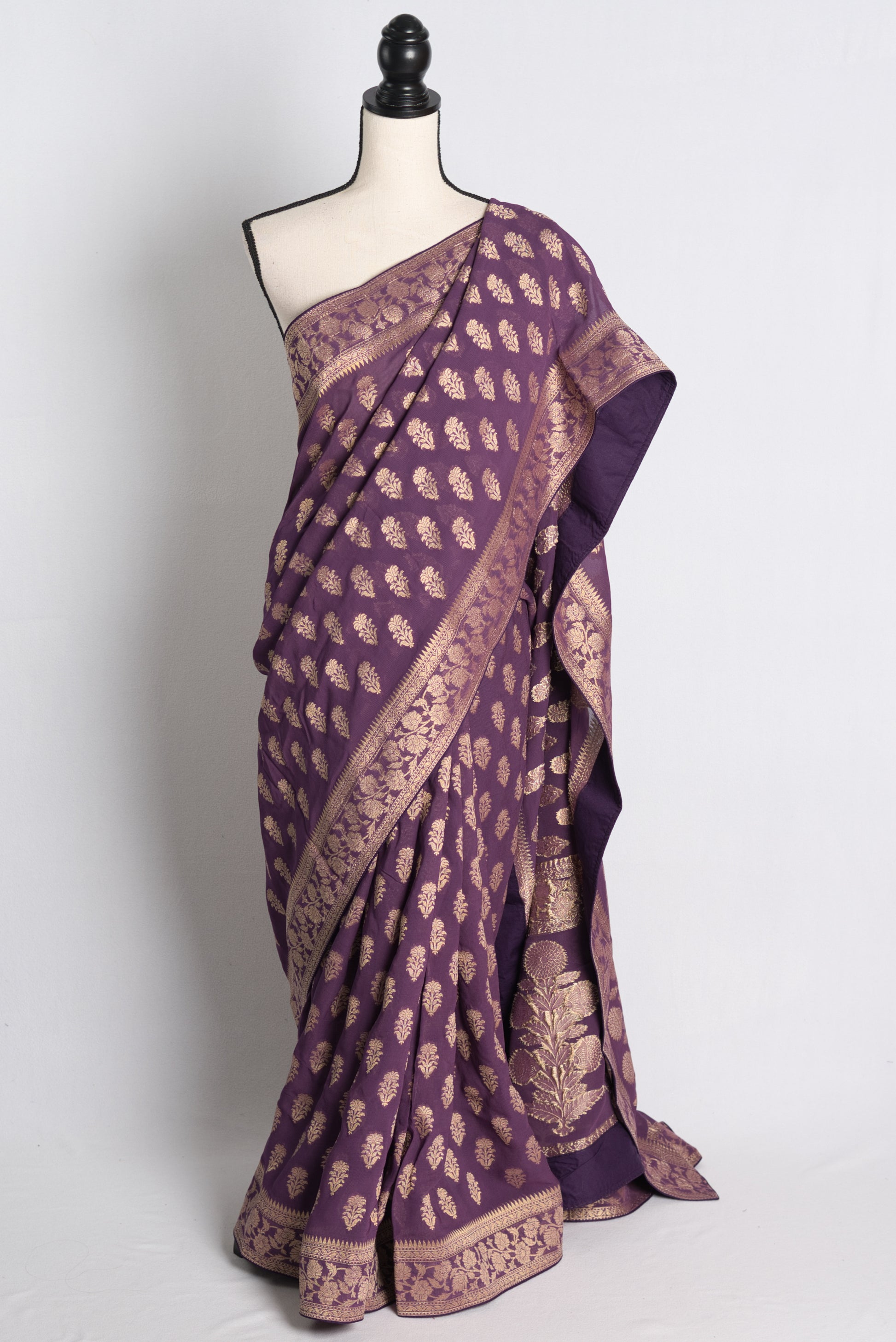 Purple Georgette Banarasi Saree with 36 Size Stitched Blouse.