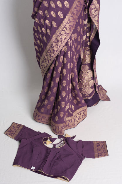 Purple Georgette Banarasi Saree with 36 Size Stitched Blouse.