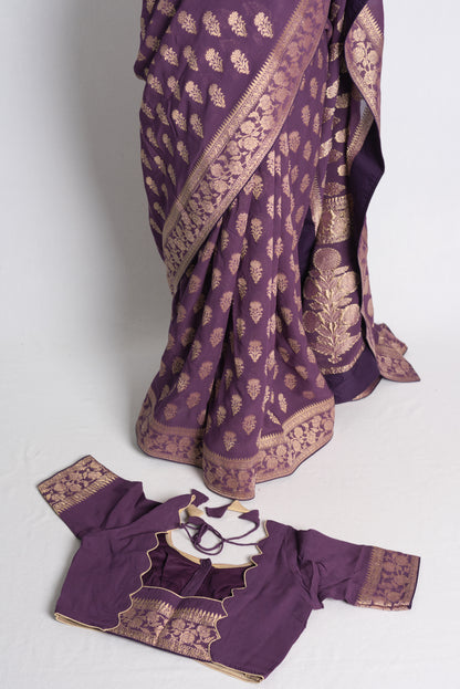 Purple Georgette Banarasi Saree with 36 Size Stitched Blouse.