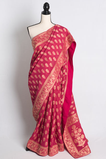 Crepe Georgette Banarasi Saree in Pink and Gold.