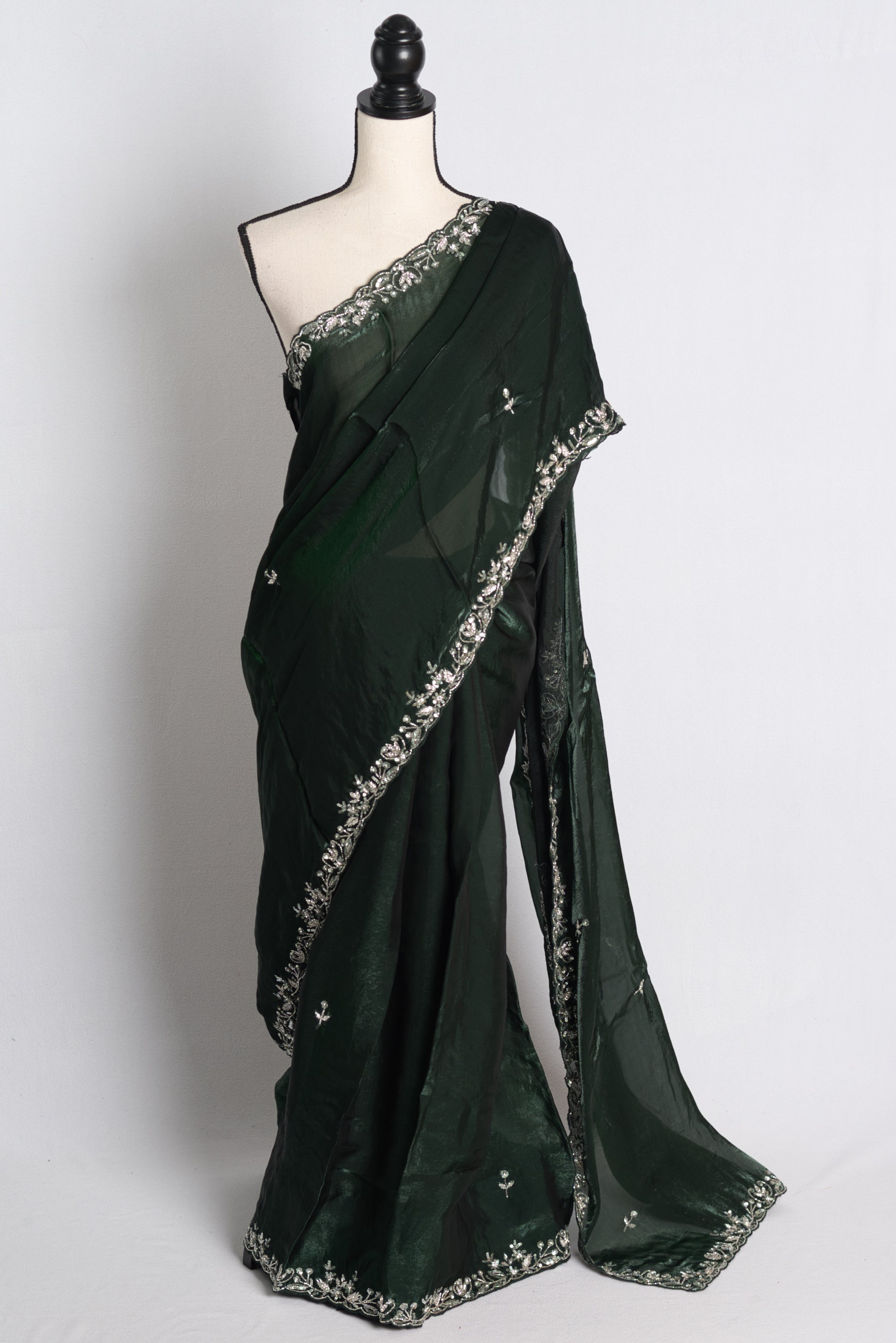 Hand Embroidery Glass Tissue Designer Saree in Bottle Green.