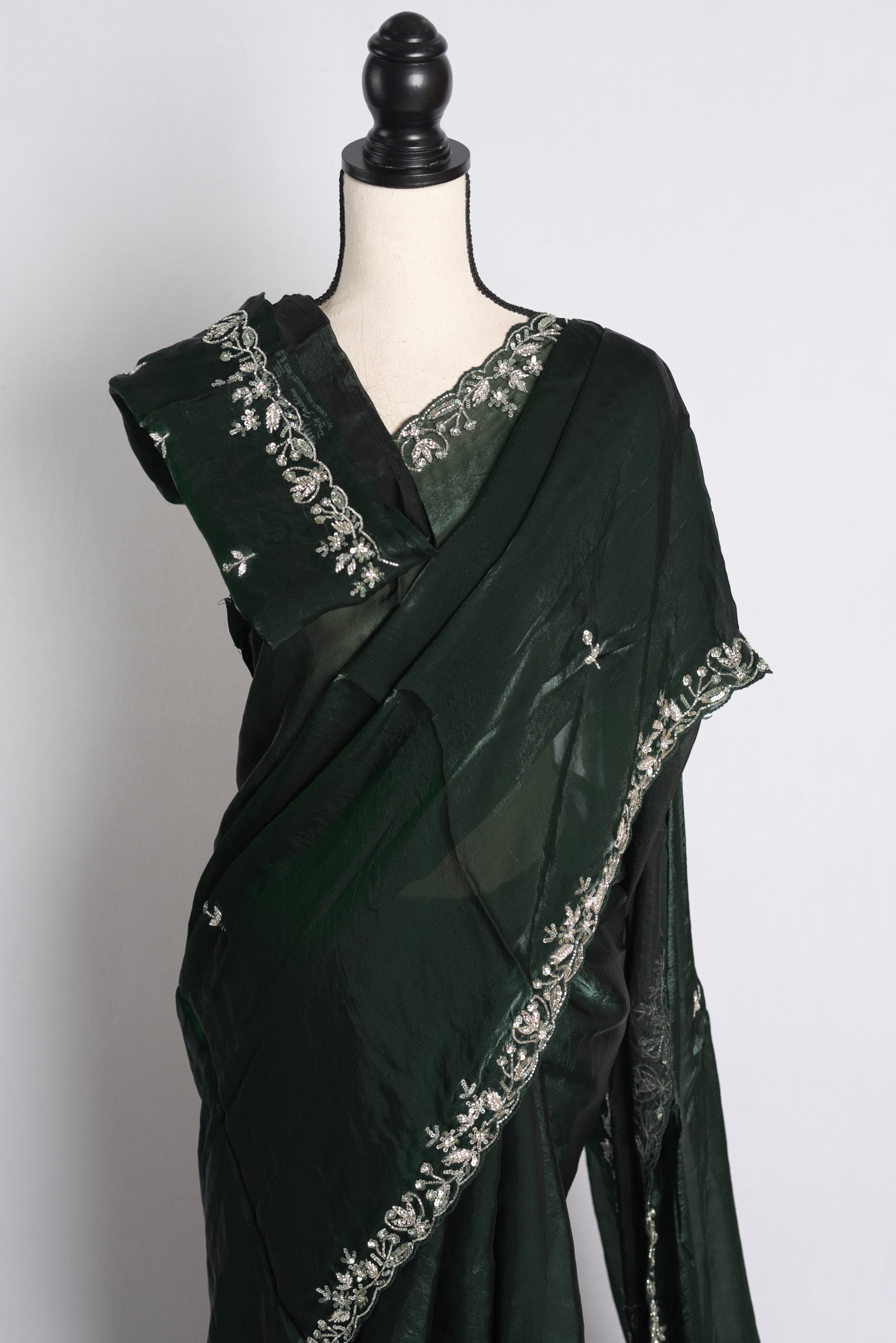 Hand Embroidery Glass Tissue Designer Saree in Bottle Green.