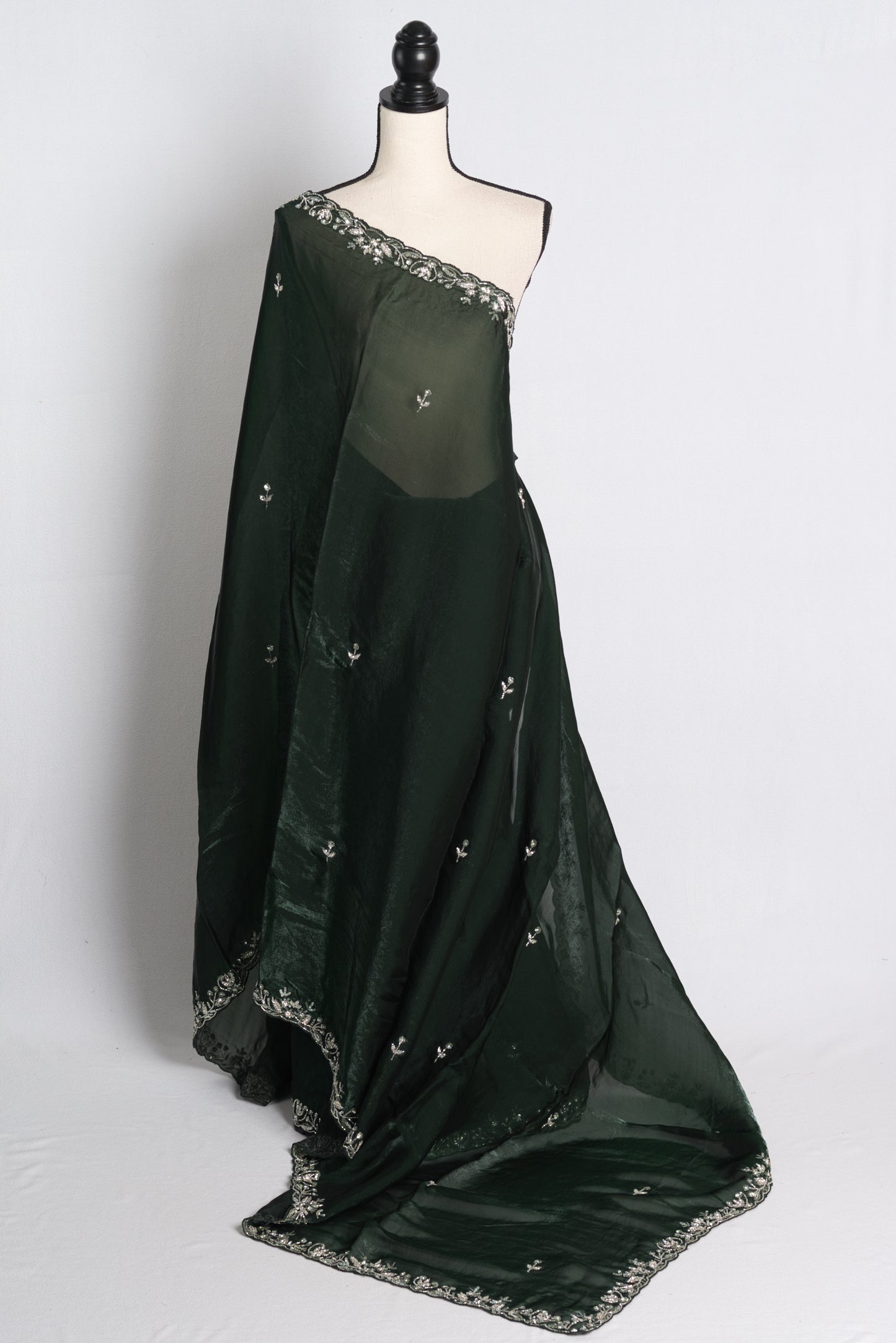 Hand Embroidery Glass Tissue Designer Saree in Bottle Green.