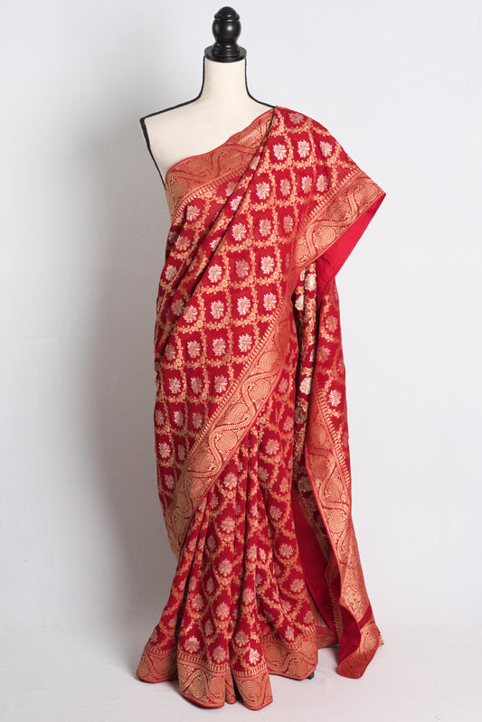 Jaal Work Crepe Georgette Banarasi Saree in Red and Gold.