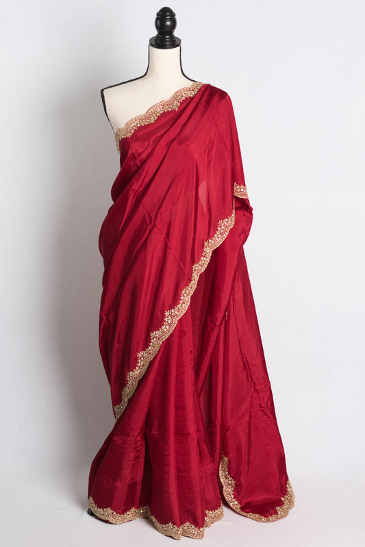 Hand Embroidery Designer Satin Saree in Red with 40 Size Blouse.