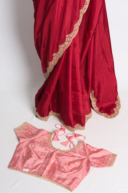 Hand Embroidery Designer Satin Saree in Red with 40 Size Blouse.