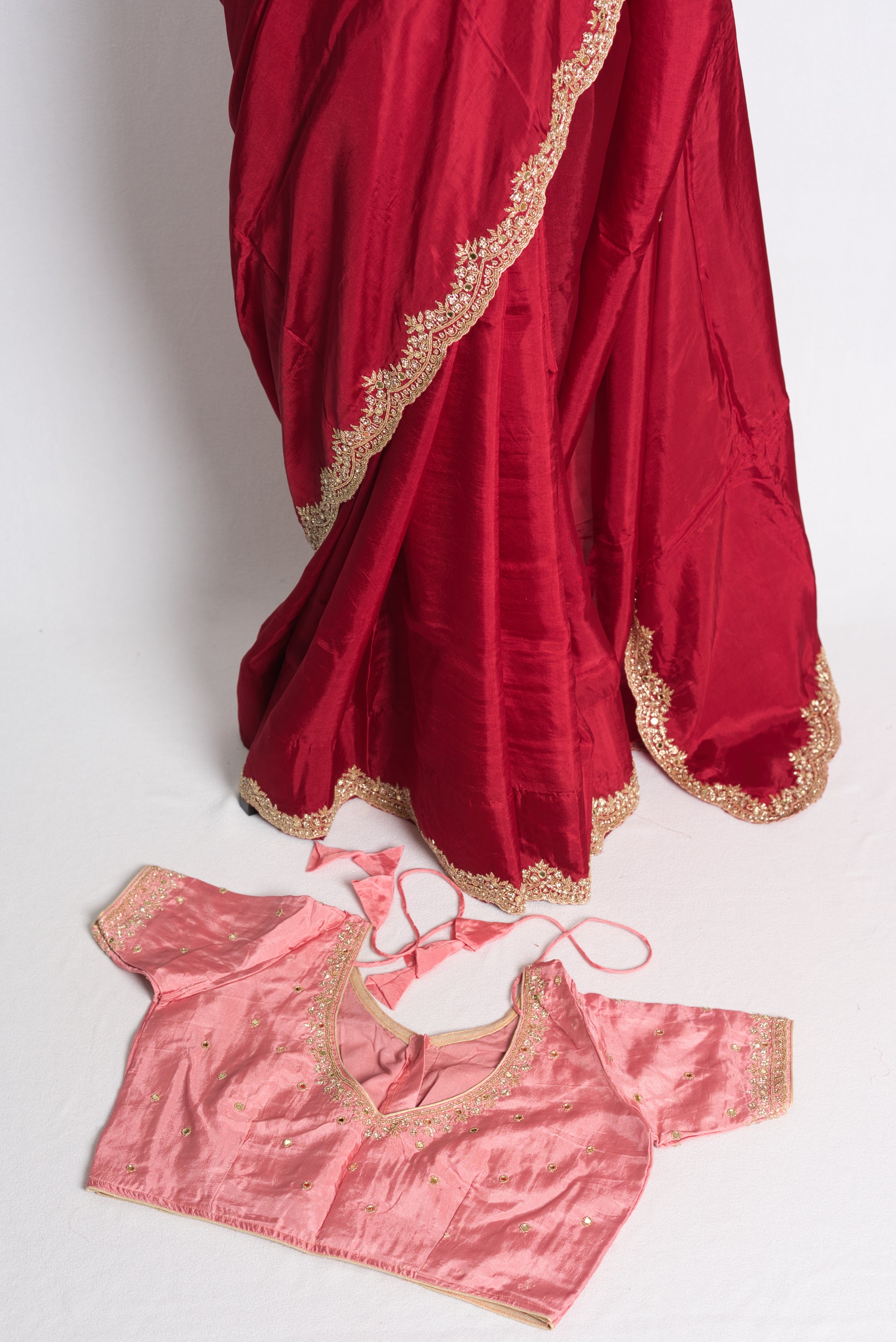 Hand Embroidery Designer Satin Saree in Red with 40 Size Blouse.