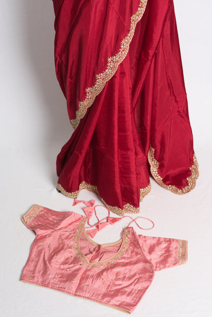 Hand Embroidery Designer Satin Saree in Red with 40 Size Blouse.