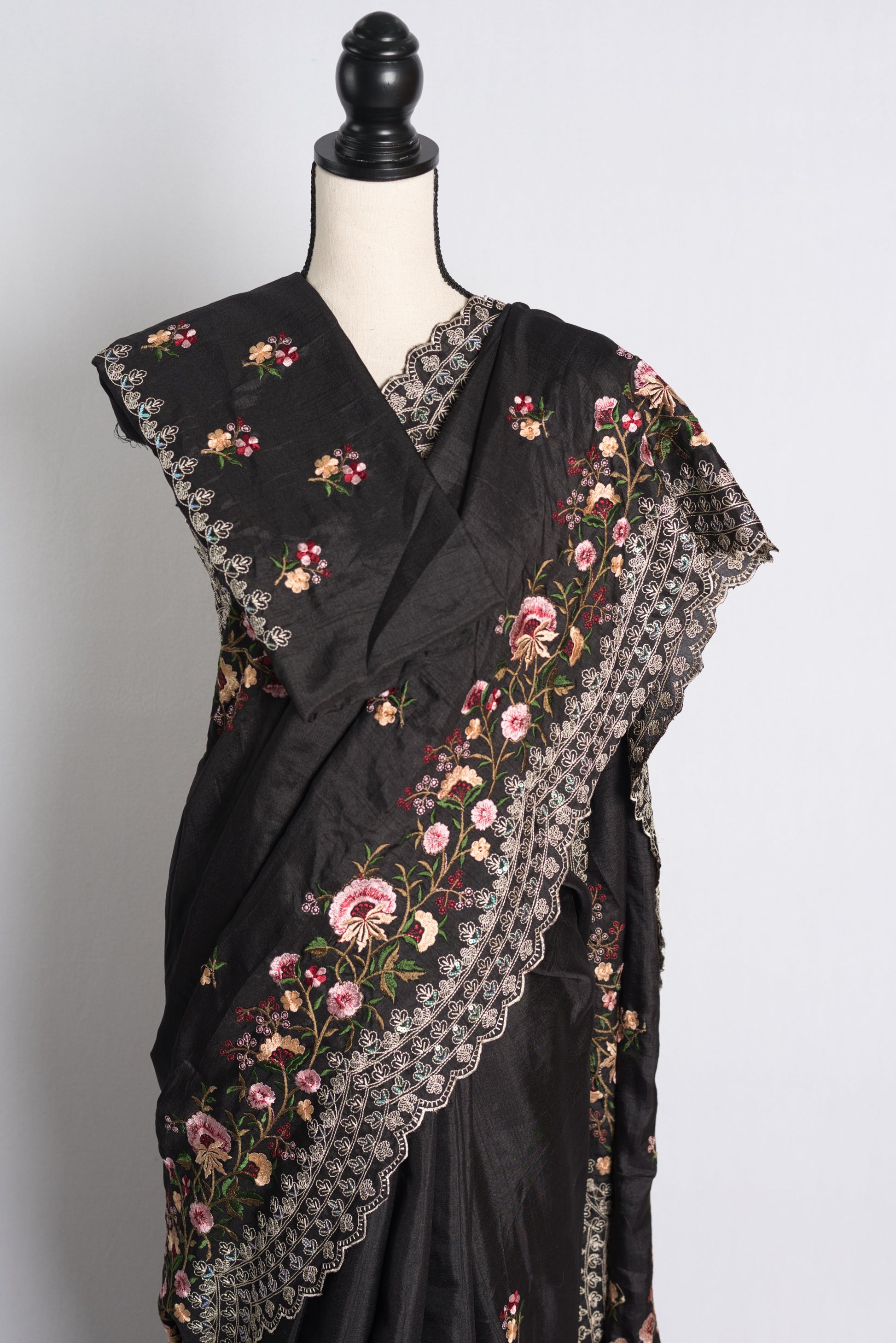 Machine Embroidery Semi Tussar Designer Saree in Black.