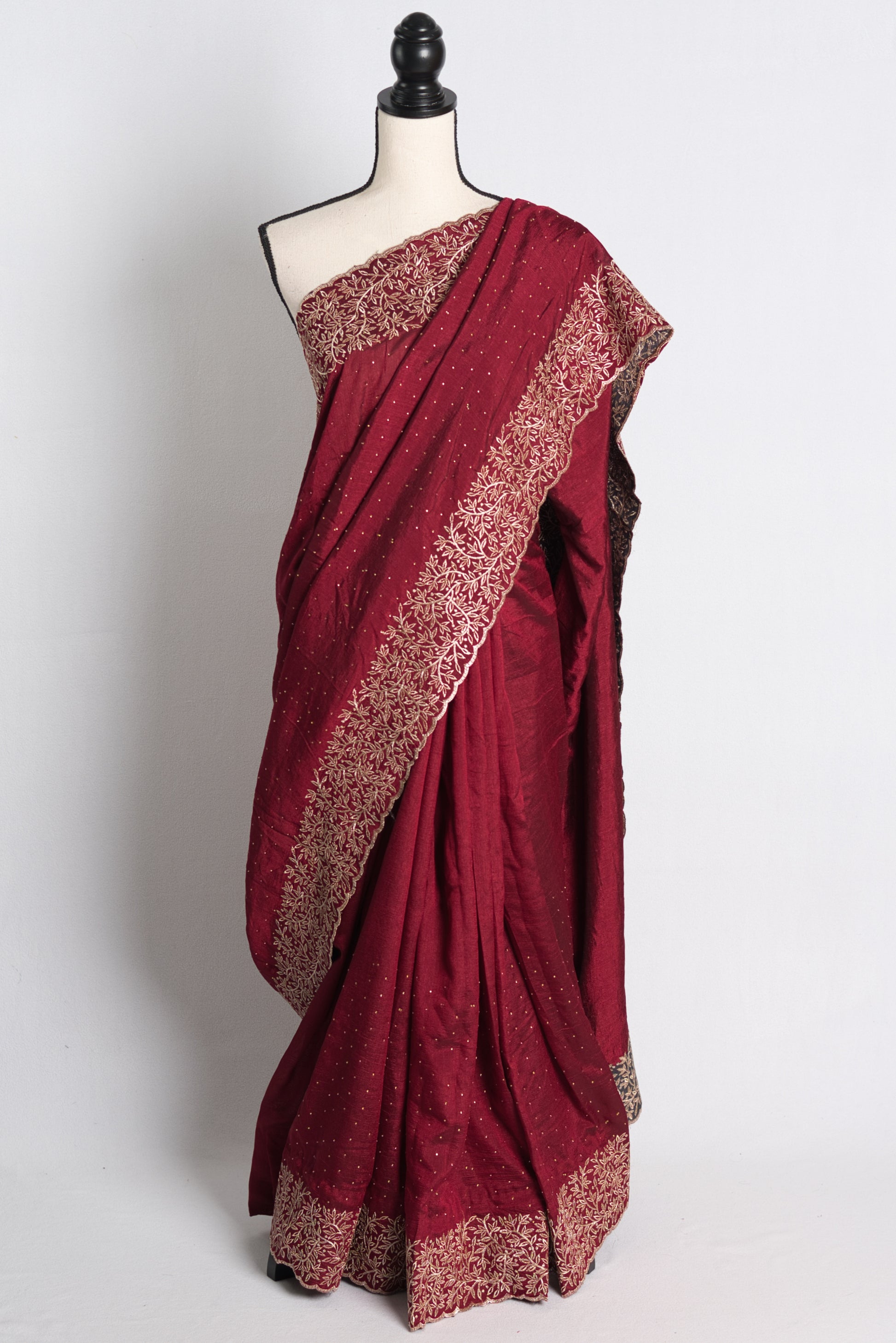 Semi Tussar Embroidery Designer Saree in Maroon.