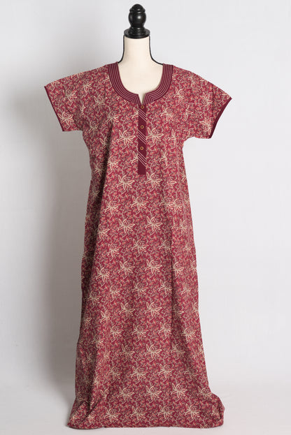 Pure Cotton Maroon Printed Indian Nighty in Regular Size.