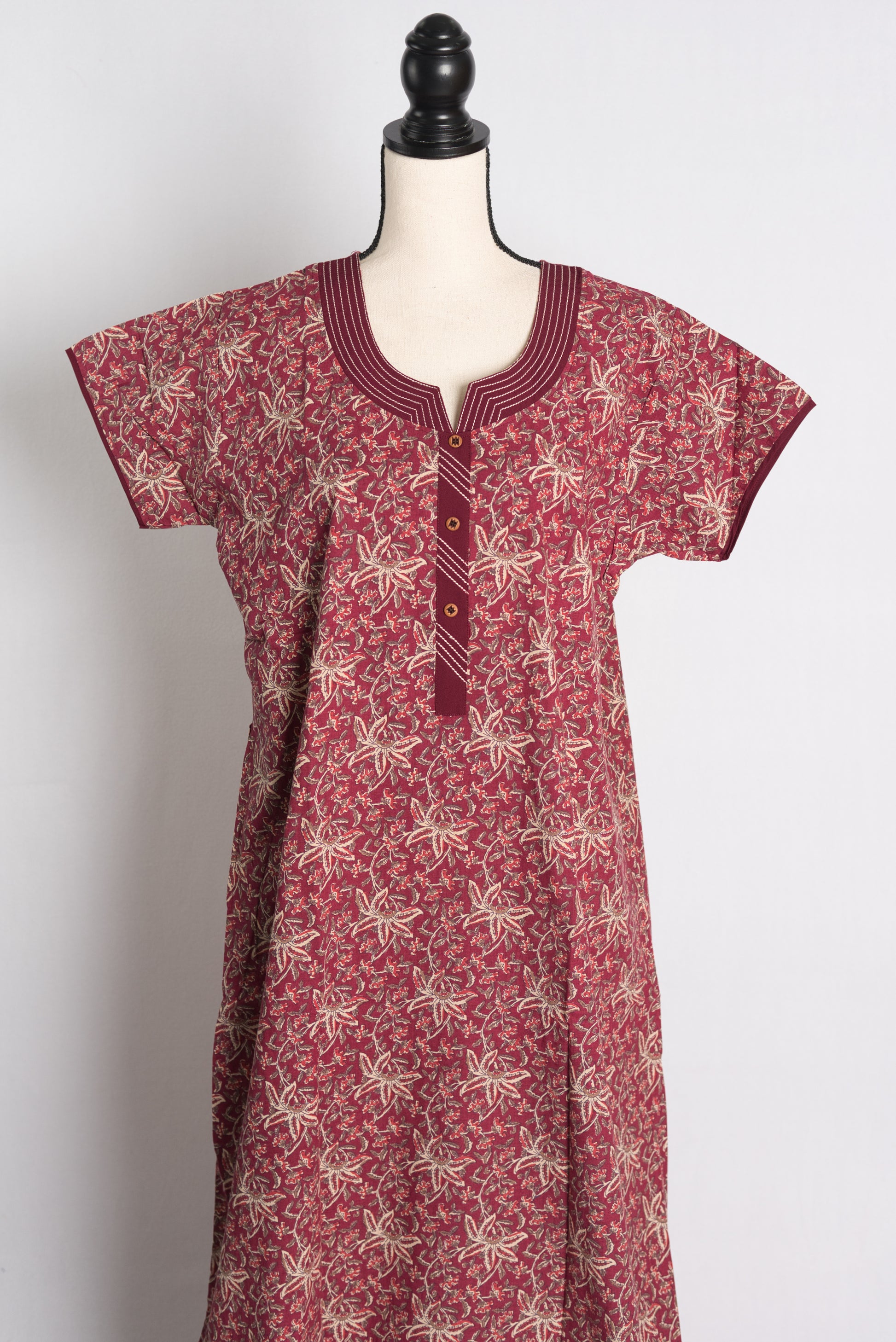 Pure Cotton Maroon Printed Indian Nighty in Regular Size.