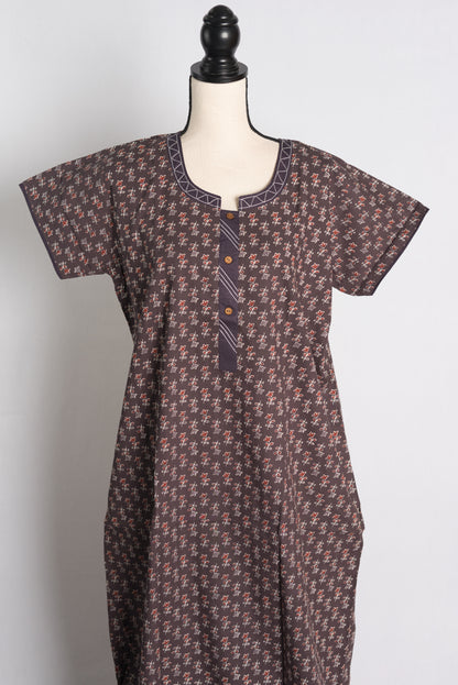 Pure Cotton Brown Printed Indian Nighty in Regular Size.