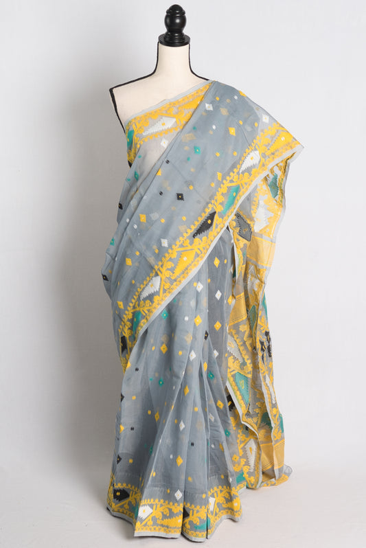 Soft Jamdani Saree in Grey and Yellow.