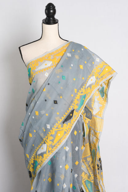 Soft Jamdani Saree in Grey and Yellow.