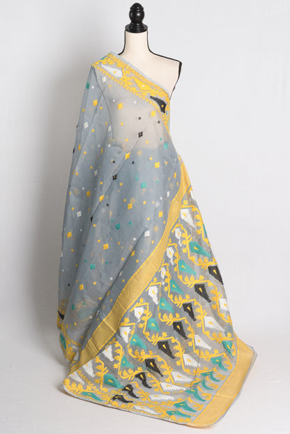 Soft Jamdani Saree in Grey and Yellow.