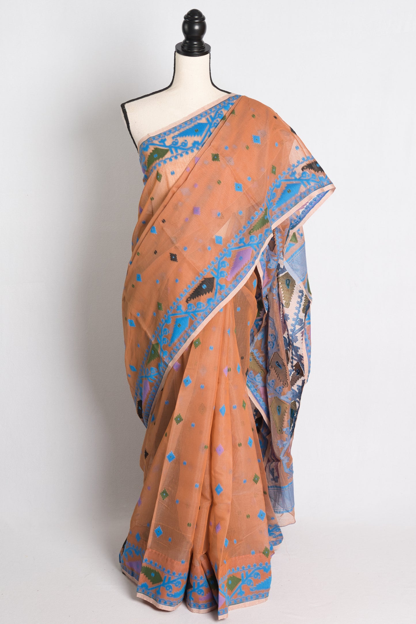 Soft Jamdani Saree in Brown and Blue.