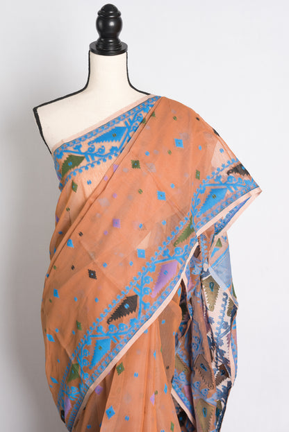 Soft Jamdani Saree in Brown and Blue.