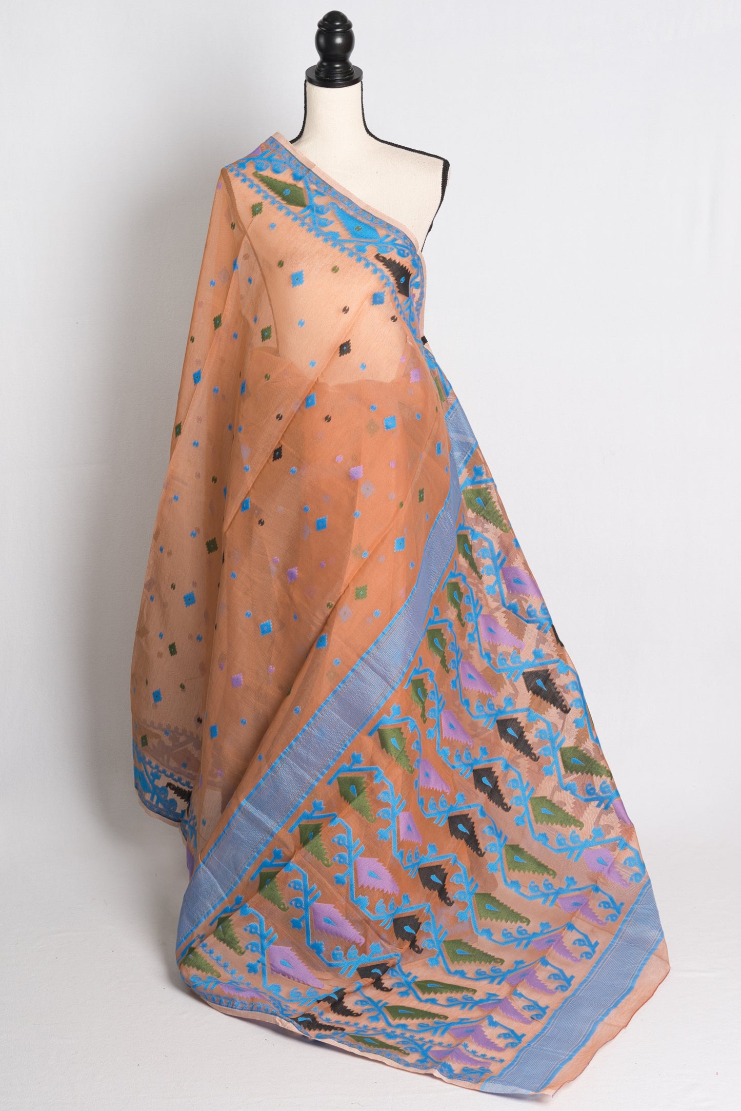 Soft Jamdani Saree in Brown and Blue.