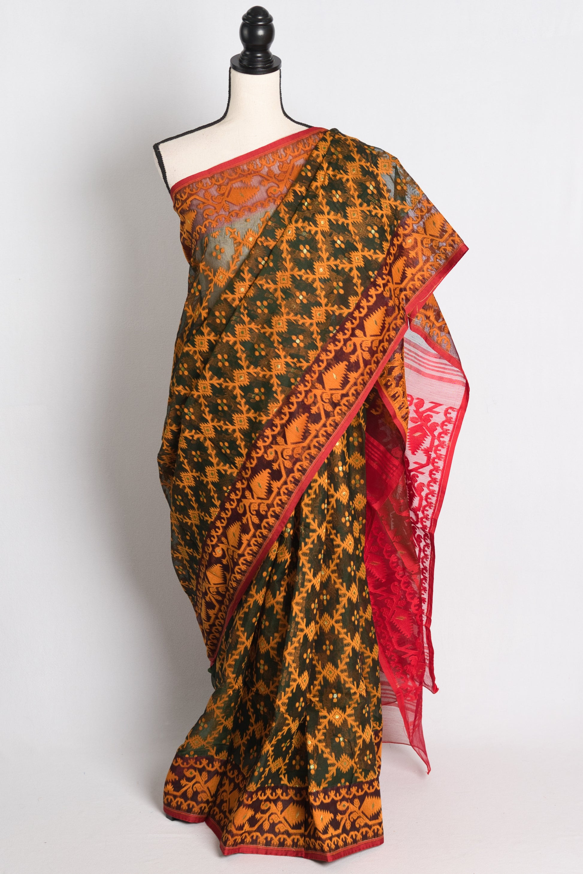 Soft Jamdani Saree in Dark Green , Yellow and Red.