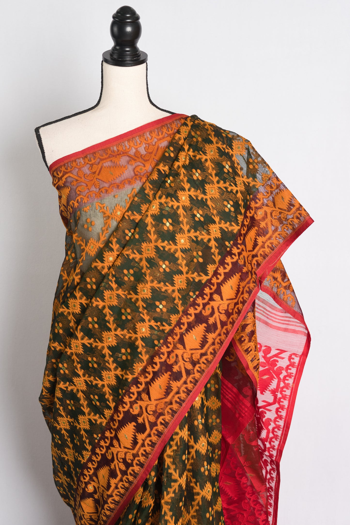 Soft Jamdani Saree in Dark Green , Yellow and Red.