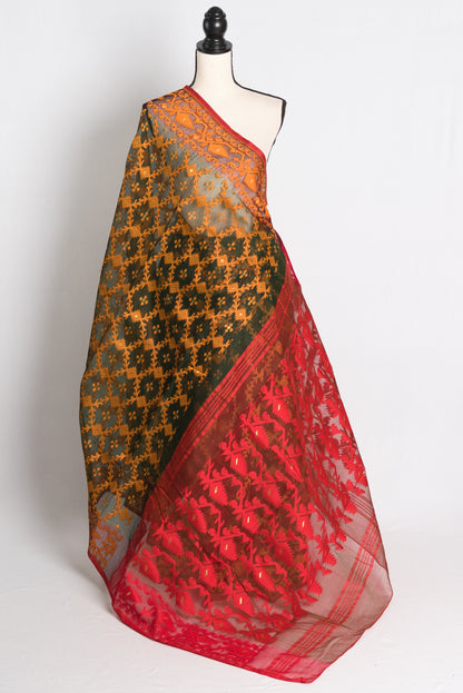 Soft Jamdani Saree in Dark Green , Yellow and Red.