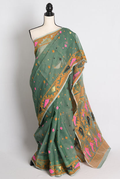 Soft Jamdani Saree in Green and Yellow.