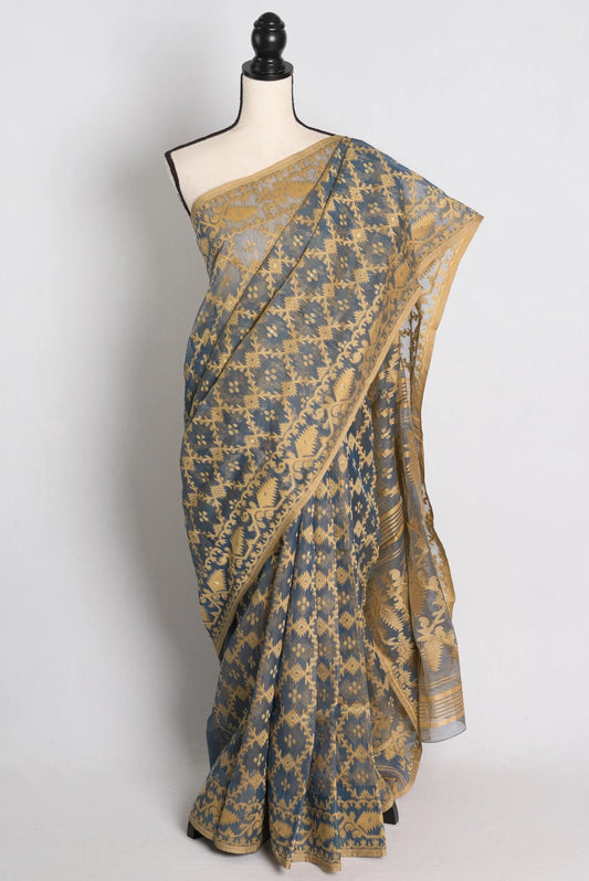 Soft Jamdani Saree in Grey and Beige.