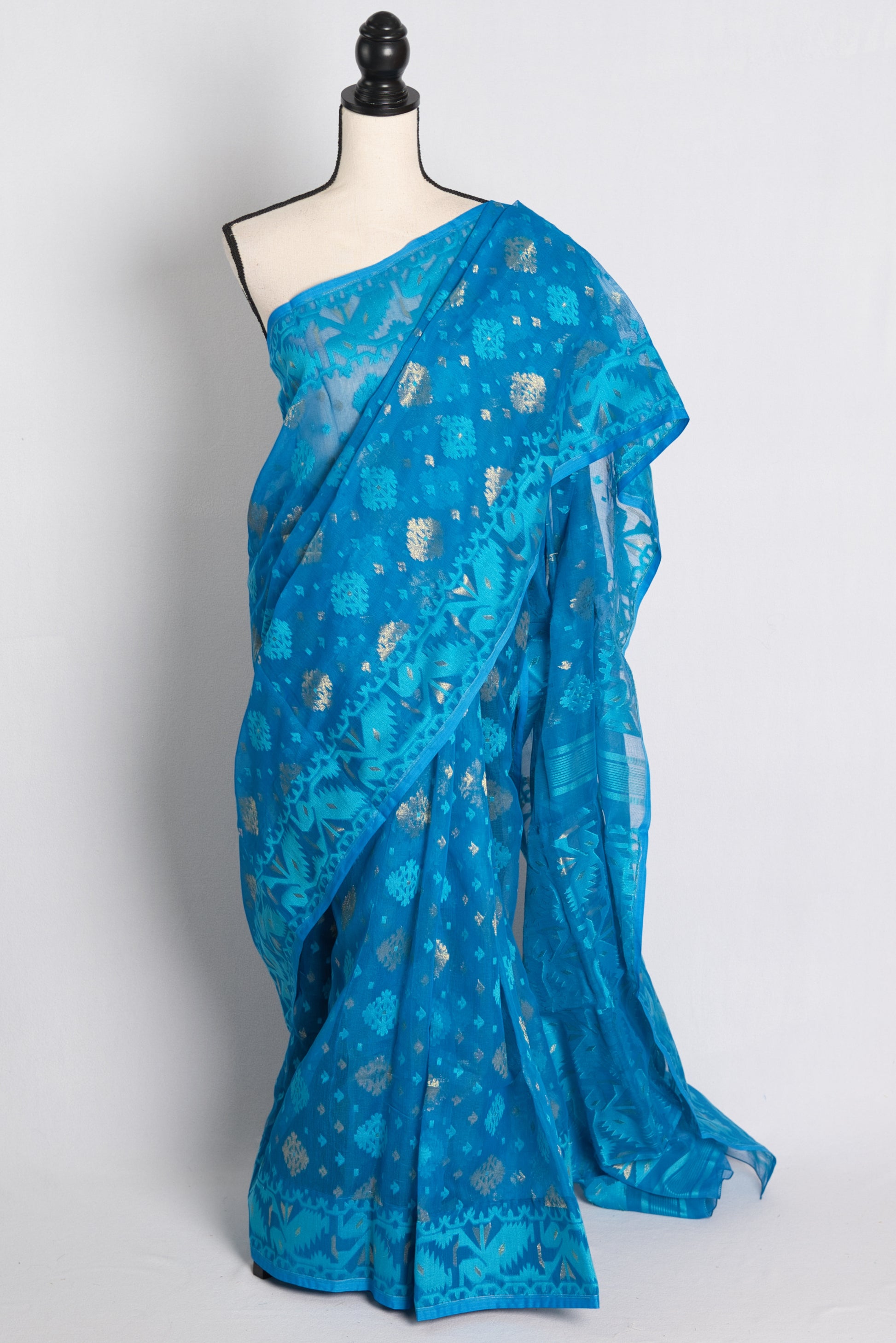 Soft Jamdani Saree in Turquoise Blue and Gold.