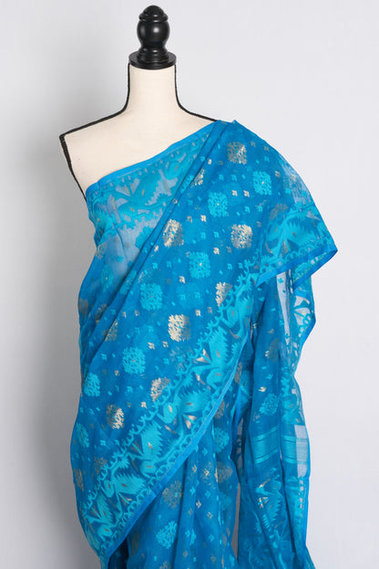 Soft Jamdani Saree in Turquoise Blue and Gold.