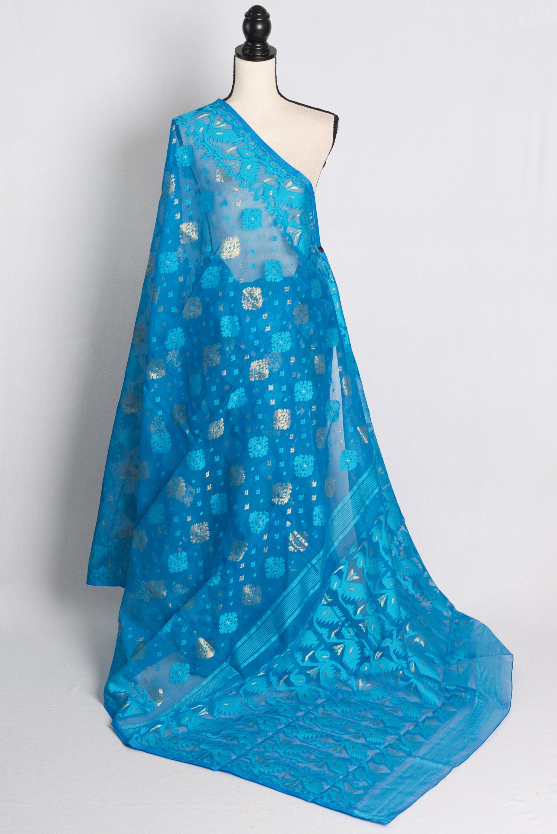 Soft Jamdani Saree in Turquoise Blue and Gold.