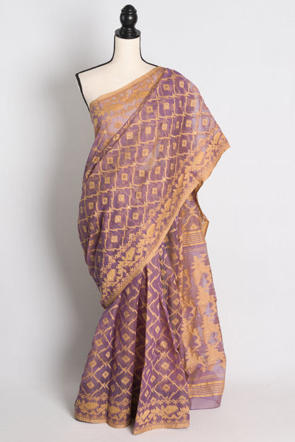 Soft Jamdani Saree in Purple and Beige.