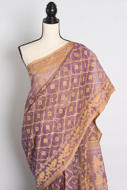 Soft Jamdani Saree in Purple and Beige.