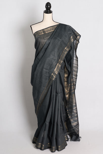 Semi Tussar Embroidery Saree in Charcoal Black.