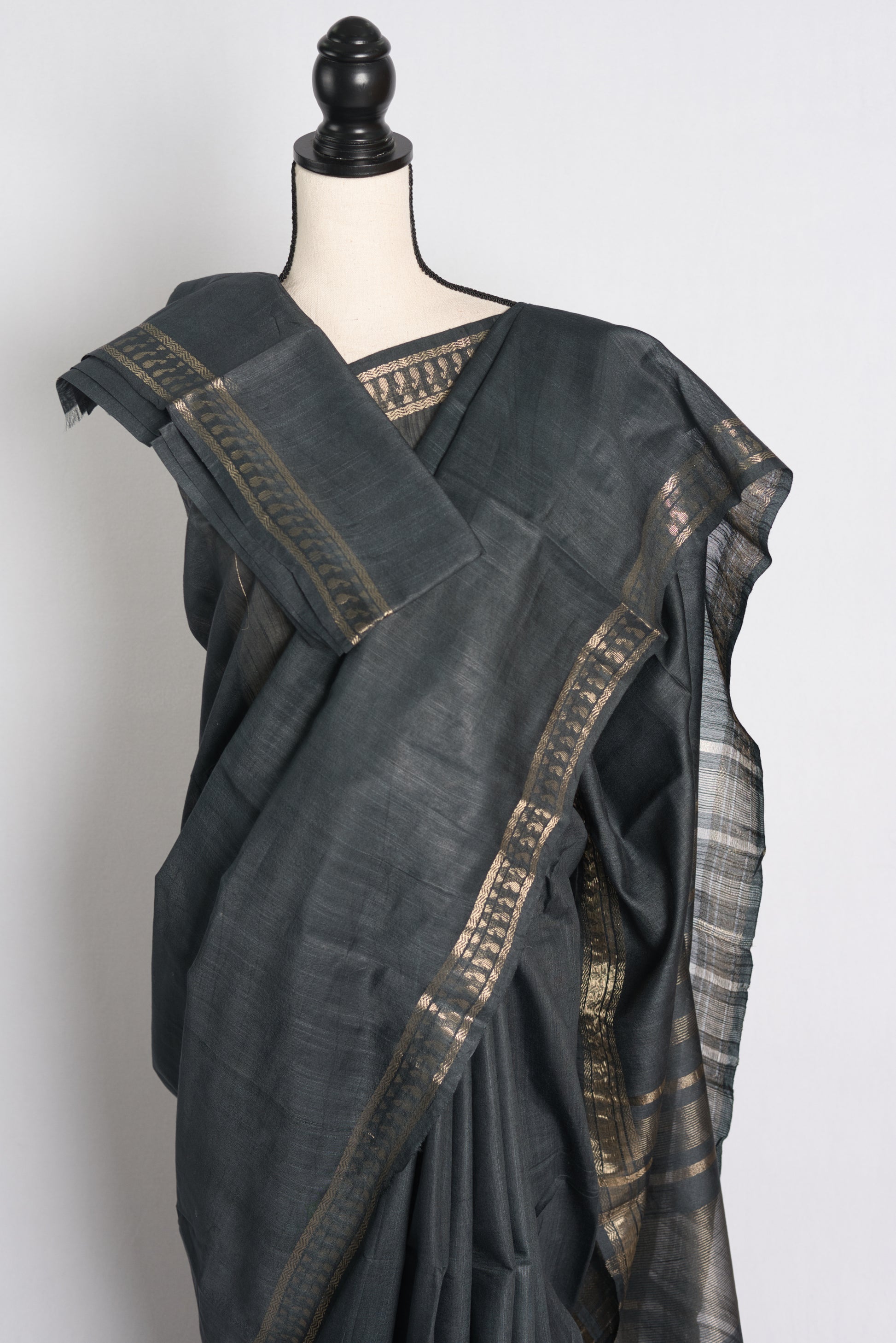 Semi Tussar Embroidery Saree in Charcoal Black.