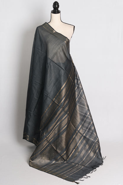 Semi Tussar Embroidery Saree in Charcoal Black.