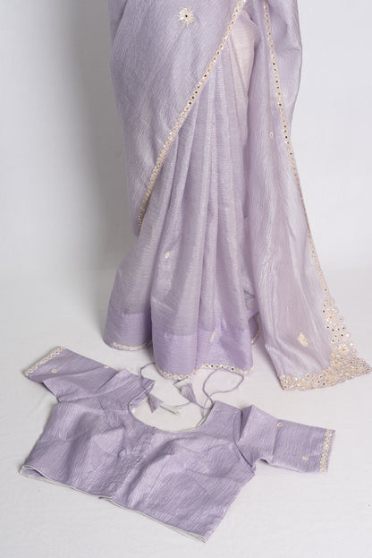 Hand Embroidery Designer Tissue Saree in Mauve with 40 Size Blouse.