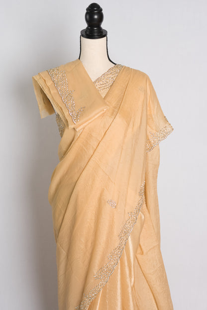 Stone Embroidery Partywear Soft Crush Tissue Saree in Beige.