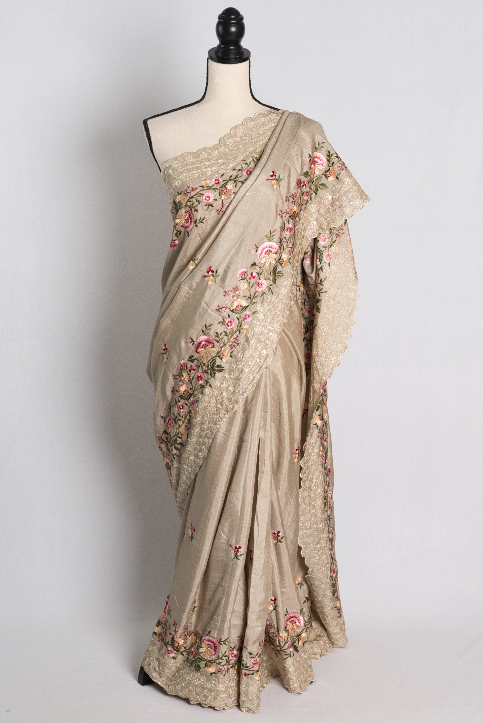 Machine Embroidery Semi Tussar Designer Saree in Brown.