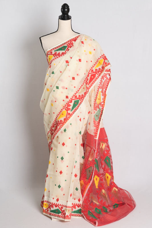 Soft Jamdani Saree in Off White and Red.