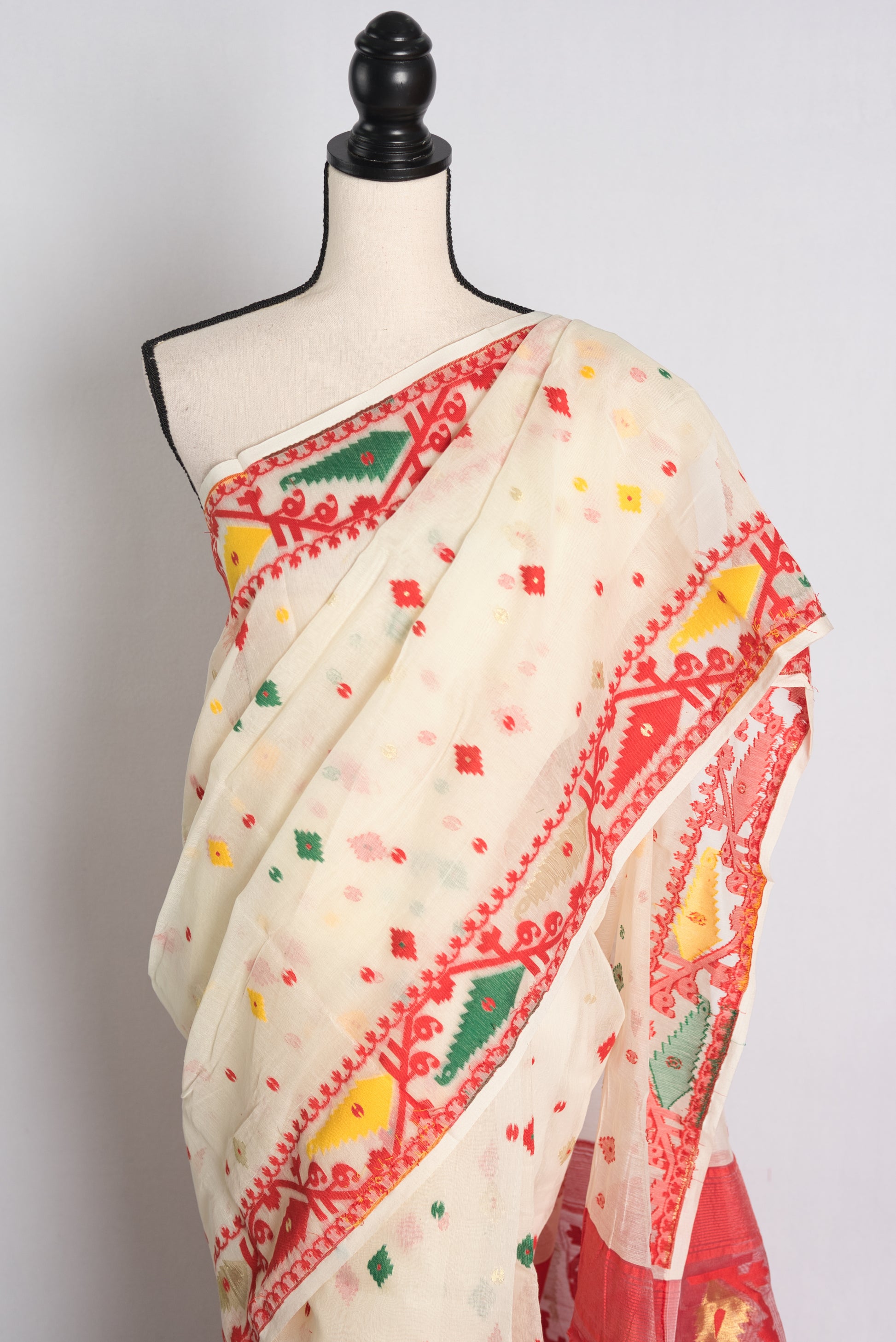 Soft Jamdani Saree in Off White and Red.