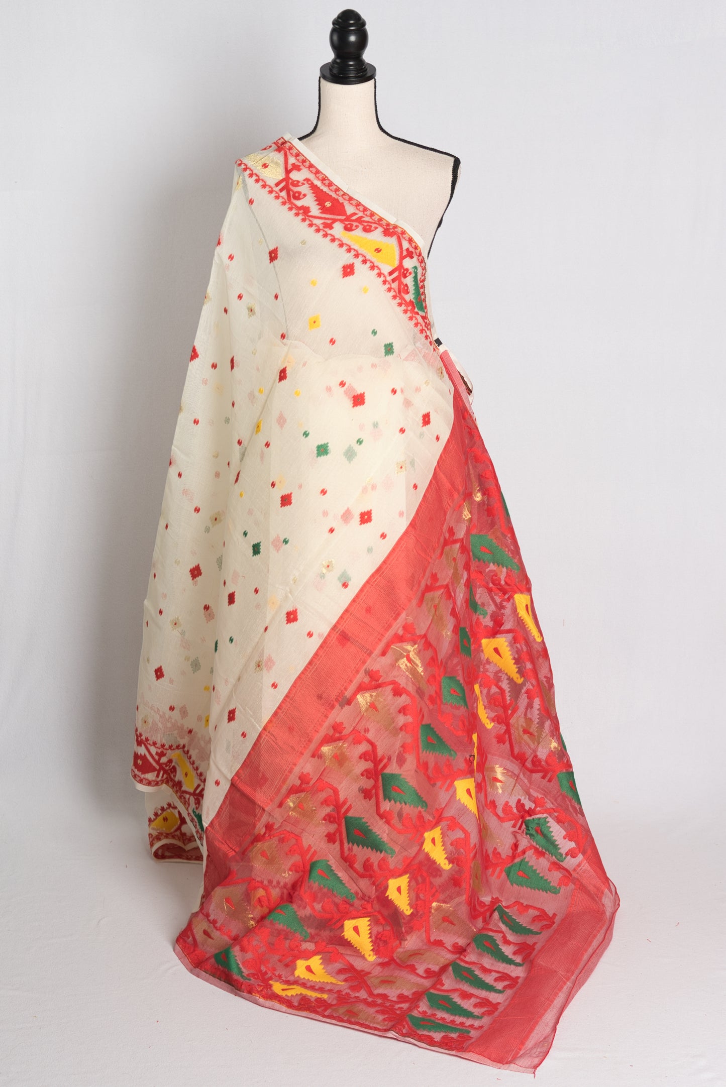 Soft Jamdani Saree in Off White and Red.