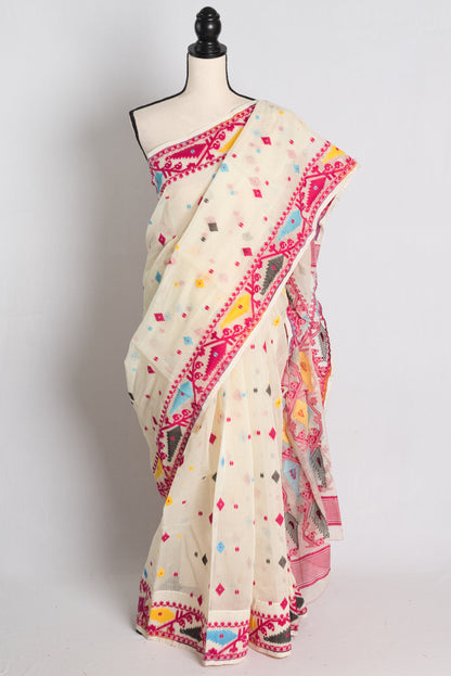 Soft Jamdani Saree in White and Pink.