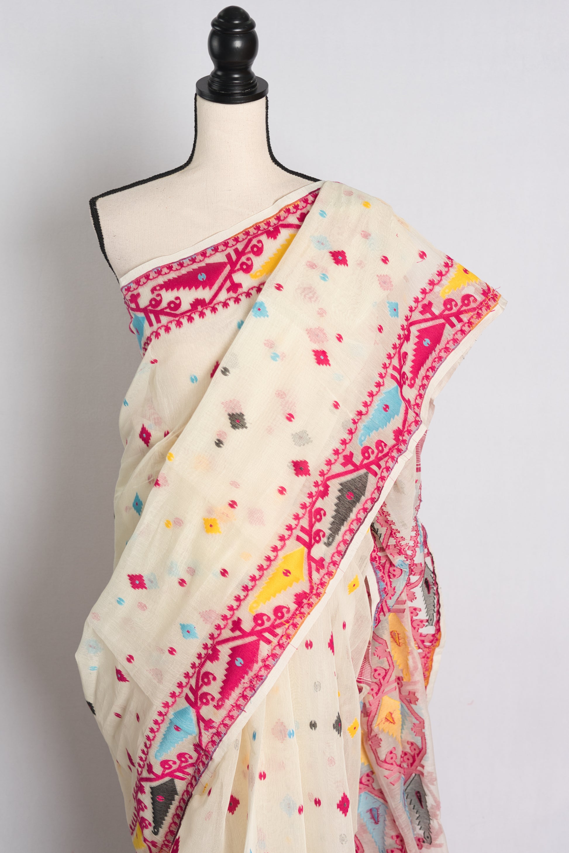 Soft Jamdani Saree in White and Pink.