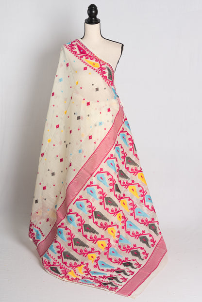 Soft Jamdani Saree in White and Pink.